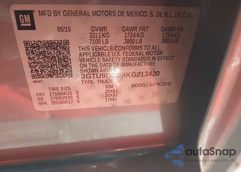 2019 GMC Sierra 1500 Slt from USA, damaged, VIN 3GTU9DEDXKG213420